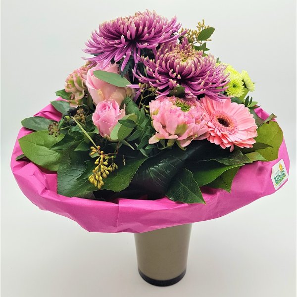 Blumenstrauß mit Dekochrysantheme und Germini in pink Bild 1